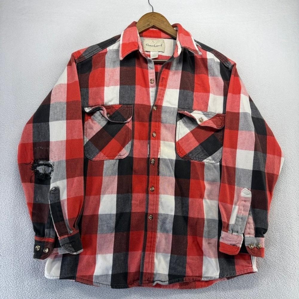 Vintage GreatLand Flannel Shirt Mens Large Red Plaid Buffalo Check Distressed